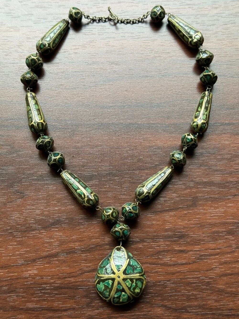 Gorgeous 1920s Turquoise Inlay Tibetan Bead and Wire Necklace